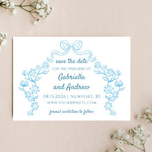 Elegant Blue Whimsical Hand Drawn Chic Floral Bow Save The Date