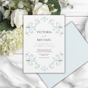 Elegant Blue Whimsical Vintage Wedding Invitation