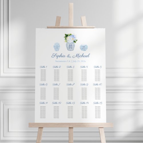 Elegant Blue White 15 Tables Wedding Seating Chart Foam Board