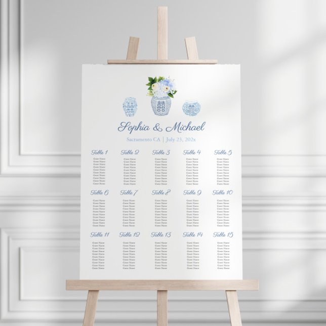 Elegant Blue White 15 Tables Wedding Seating Chart Foam Board (Chinoiserie Chic Watercolor Ginger Jars with blue white florals 15 tables wedding seating chart)