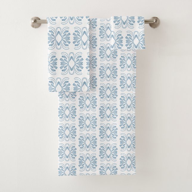 Elegant Blue White All Over Pattern Bath Towel Set (Insitu)
