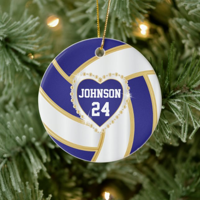 Elegant Blue, White and Gold Volleyball Ceramic Ornament (Tree)