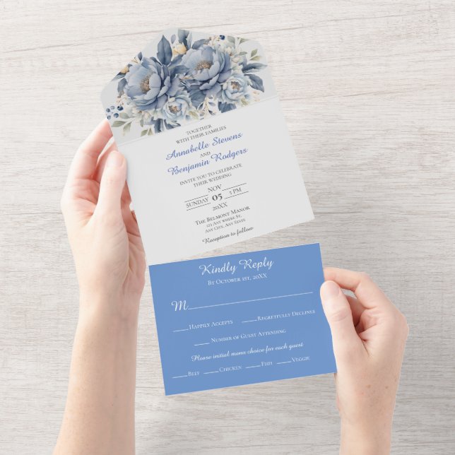 Elegant Blue White and Gray Floral Wedding  All In One Invitation (Tearaway)