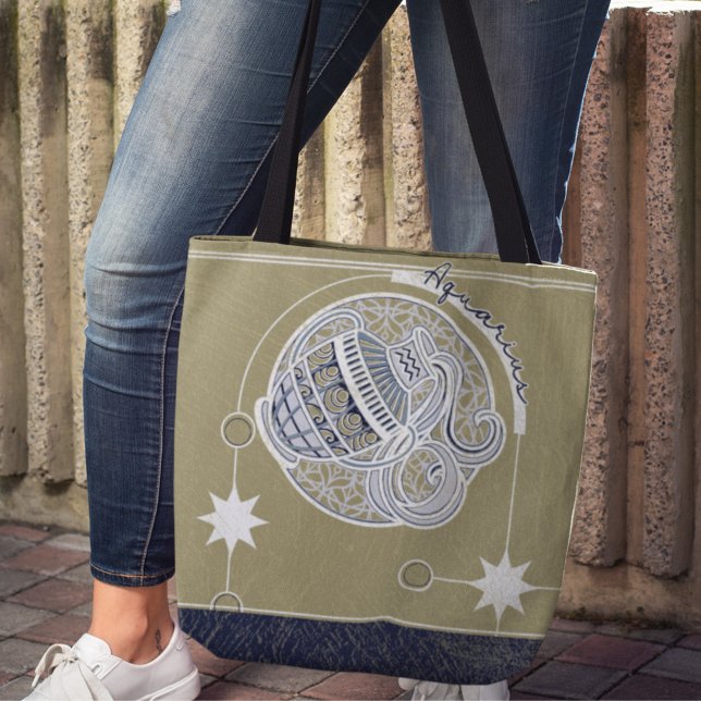 Elegant Blue White Aquarius Zodiac Sign Mandala Tote Bag (Creator Uploaded)