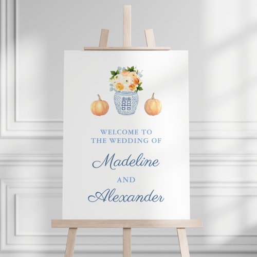 Elegant Blue White Autumn Wedding Welcome Sign