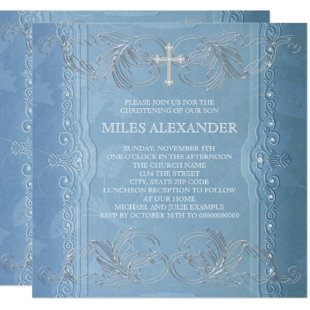 Elegant Blue White Baby Boy Christening Invitation