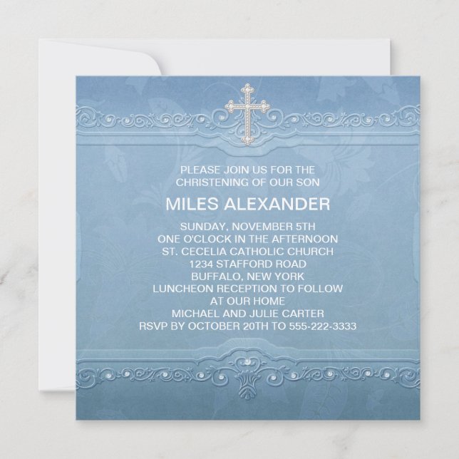 Elegant Blue White Baby Boy Christening Invitation (Front)