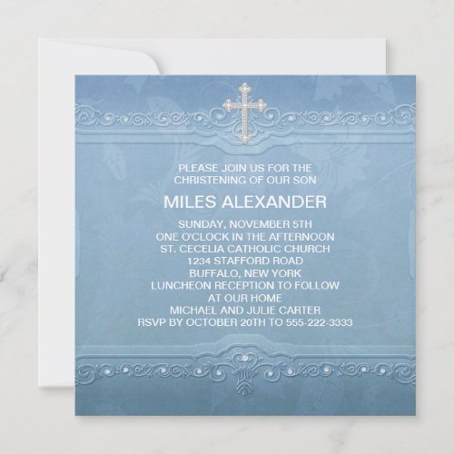 Elegant Blue White Baby Boy Christening Custom Invite