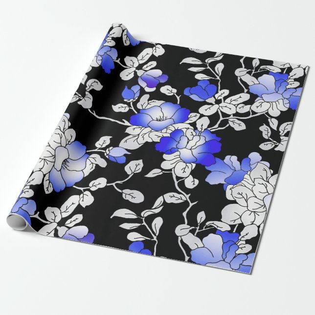 Elegant Blue White Black Floral Decoupage Wrapping Paper (Unrolled)