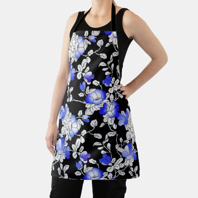 Elegant Blue White Black Floral Pattern Apron (Insitu)