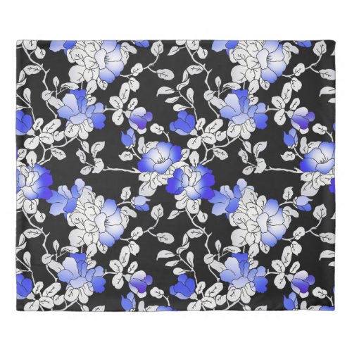 Elegant Blue White Black Floral Pattern Duvet Cover