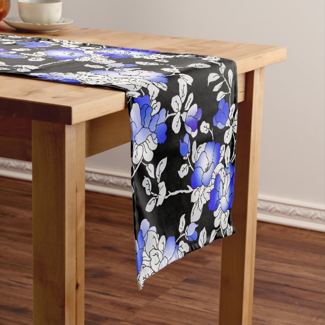 Elegant Blue White Black Floral Pattern Short Table Runner (In Situ)