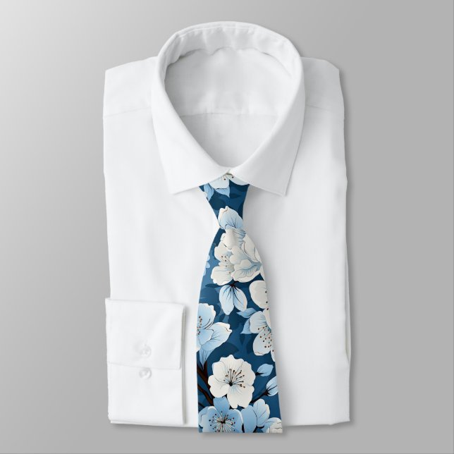 Elegant Blue White Blossom Work Wedding Neck Neck Tie (Tied)