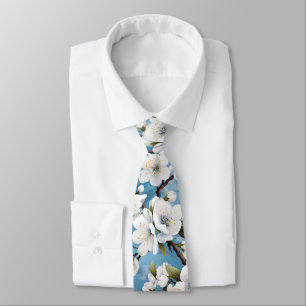Elegant Blue White Blossom Work Wedding Neck Neck Tie