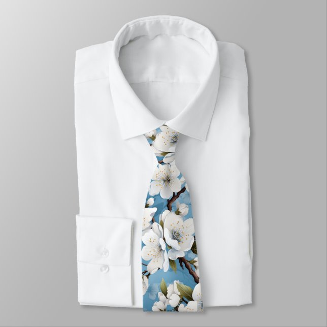 Elegant Blue White Blossom Work Wedding Neck Neck Tie (Tied)