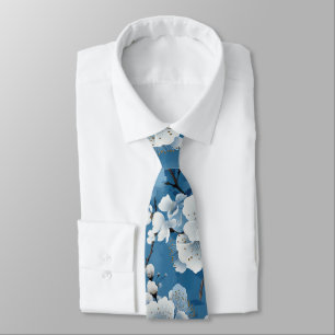 Elegant Blue White Blossom Work Wedding Neck Tie