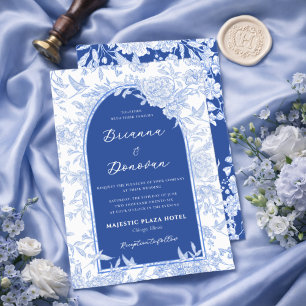 Elegant Blue & White Botanical Bird Wedding Invitation
