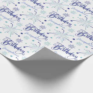 Elegant Blue White Calligraphy Fireworks Birthday Wrapping Paper