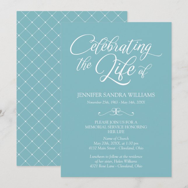 Elegant Blue & White Celebration of Life Invitation (Front/Back)