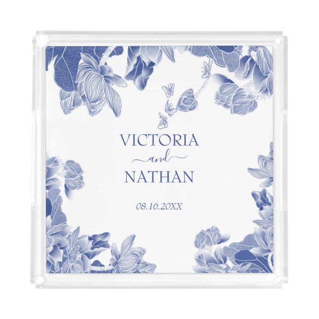 Elegant Blue White Chinoiserie Chic Floral Wedding Acrylic Tray (Front)