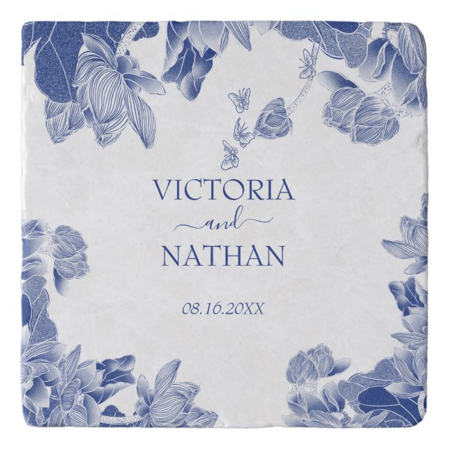 Elegant Blue White Chinoiserie Chic Floral Wedding Trivet (Front)