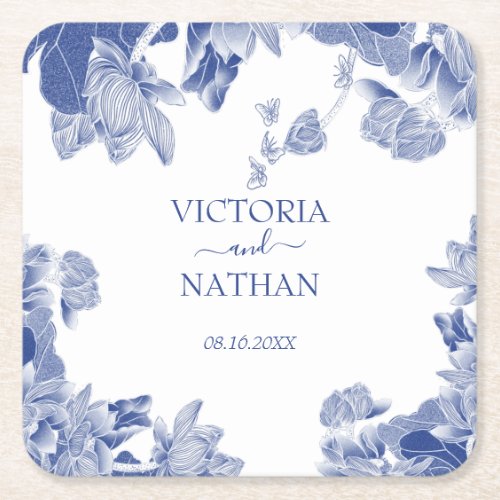Elegant Blue White Chinoiserie Chis Floral Wedding Square Paper Coaster