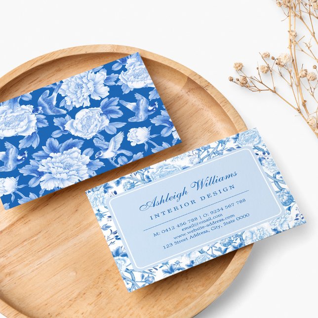Elegant Blue White Chinoiserie Floral Porcelain Business Card (Creator Uploaded)