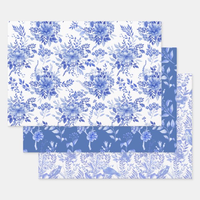 Elegant Blue White Chinoiserie Floral Porcelain Wrapping Paper Sheets (Set)