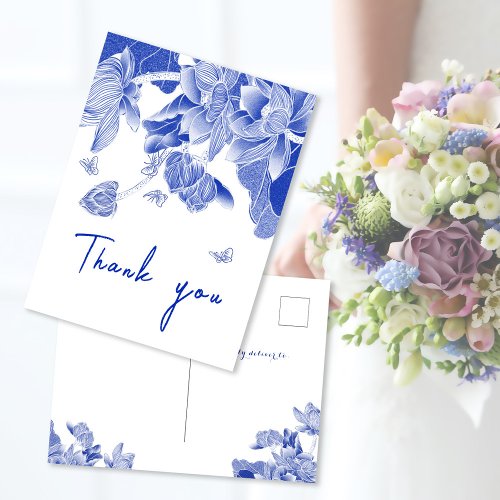 Elegant Blue White Chinoiserie Floral Thank You  Postcard