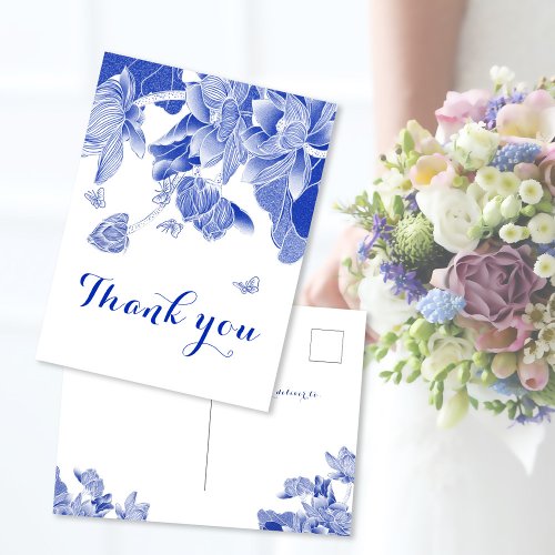 Elegant Blue White Chinoiserie Floral Thank You  Postcard