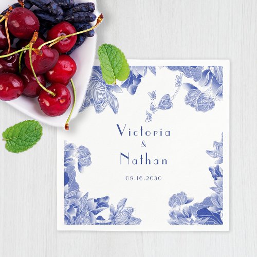 Elegant Blue White Chinoiserie Floral Wedding   Napkins