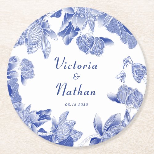 Elegant Blue White Chinoiserie Floral Wedding Round Paper Coaster