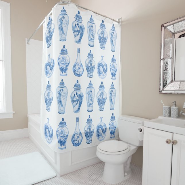 Elegant Blue White Chinoiserie Ginger Jars Pattern Shower Curtain (In Situ)
