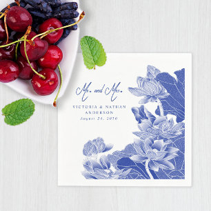 Elegant Blue White Chinoiserie Mr and Mrs Wedding Napkins