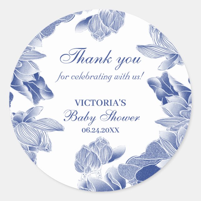 Elegant Blue White Chinoiserie Thank You Favor Classic Round Sticker (Front)