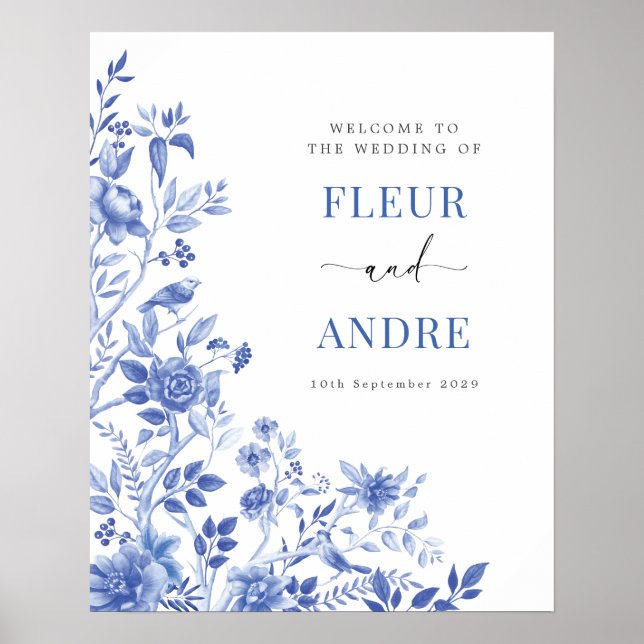 Elegant Blue White Chinoiserie Wedding Welcome Poster (Front)