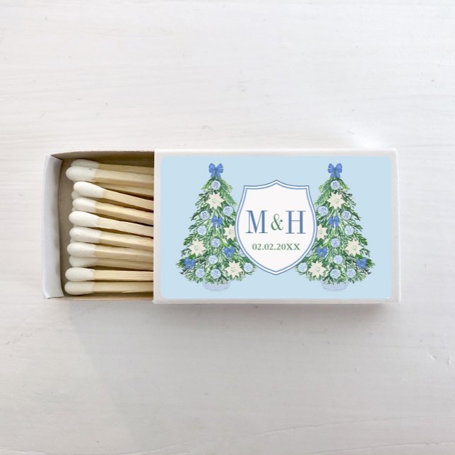 Elegant Blue White Christmas Tree Holidays Wedding Matchboxes (Wedding matches design with blue and green ornate holidays tree and monogram crest)