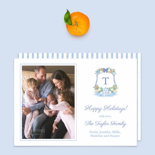 Elegant Blue White Citrus Chanukah Family Photo Holiday Card