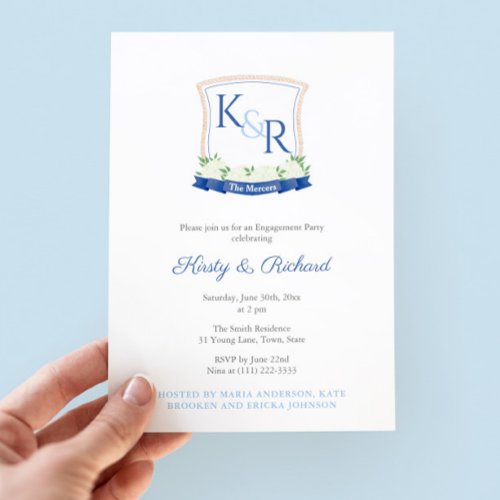 Elegant Blue White Coastal Crest Engagement Party Invitation