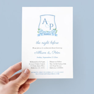 Elegant Blue White Crest Wedding Rehearsal Dinner Invitation