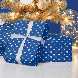 Elegant blue white custom monogram initial pattern wrapping paper