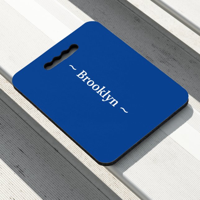 Elegant blue white custom name text monogram seat cushion (In Situ)