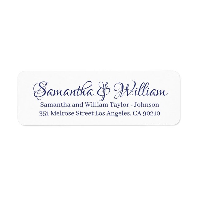 Elegant blue white custom script names wedding label (Front)