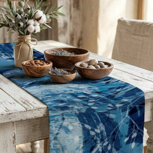 Elegant Blue & White Cyanotype Botancial Foliage Long Table Runner