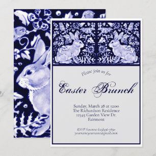 Elegant Blue, White Easter Brunch Rabbit Birds Art Invitation
