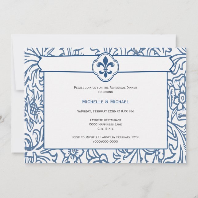 Elegant Blue White Fleur de Lis Event Invitations (Front)
