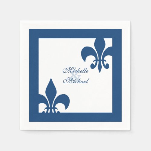 Elegant Blue White Fleur de Lis Wedding Paper Napkins