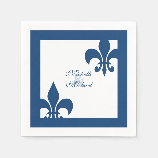 Elegant Blue White Fleur de Lis Wedding Paper Napkins (Front)