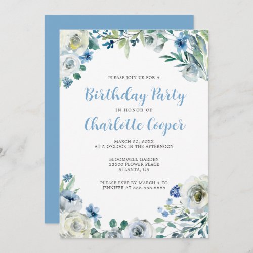 Elegant Blue White Floral Birthday Party Invitation