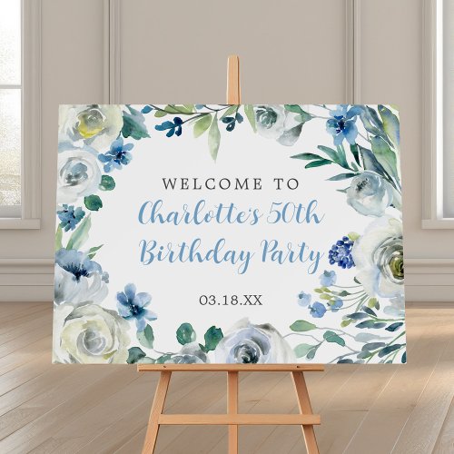 Elegant Blue White Floral Birthday Party Welcome Foam Board